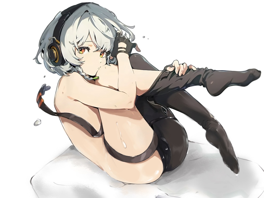 anby_demara, headphones, highres, looking_at_viewer, mindscape_cinema_(zenless_zone_zero), pantyhose, second-party_source, shiki4012, sweat, undressing, white_hair, zenless_zone_zero