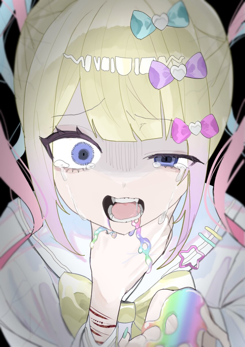 1girl, absurdres, blonde_hair, blue_bow, blue_eyes, blue_hair, bow, chouzetsusaikawa_tenshi-chan, commentary, crying, crying_with_eyes_open, cuts, hair_bow, half-closed_eye, hand_on_own_neck, hands_up, highres, injury, long_hair, long_sleeves, looking_at_viewer, multicolored_hair, multiple_hair_bows, needy_girl_overdose, open_mouth, oyumeno, pink_bow, pink_hair, purple_bow, quad_tails, sailor_collar, scar, self-harm, self-harm_scar, shaded_face, solo, streaming_tears, tears, untranslatable_commentary, upper_body, vomit, vomiting_rainbows