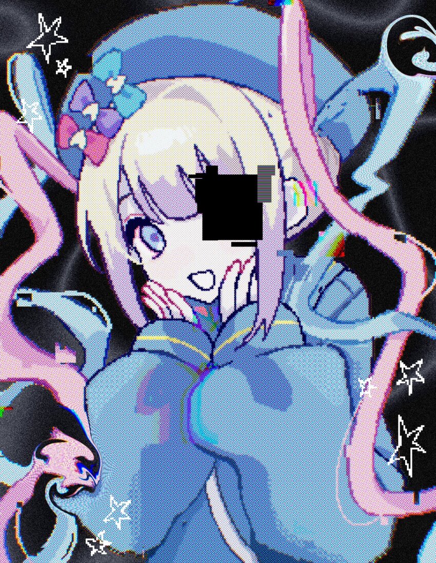 1girl, :d, black_background, blonde_hair, blue_bow, blue_eyes, blue_hair, bow