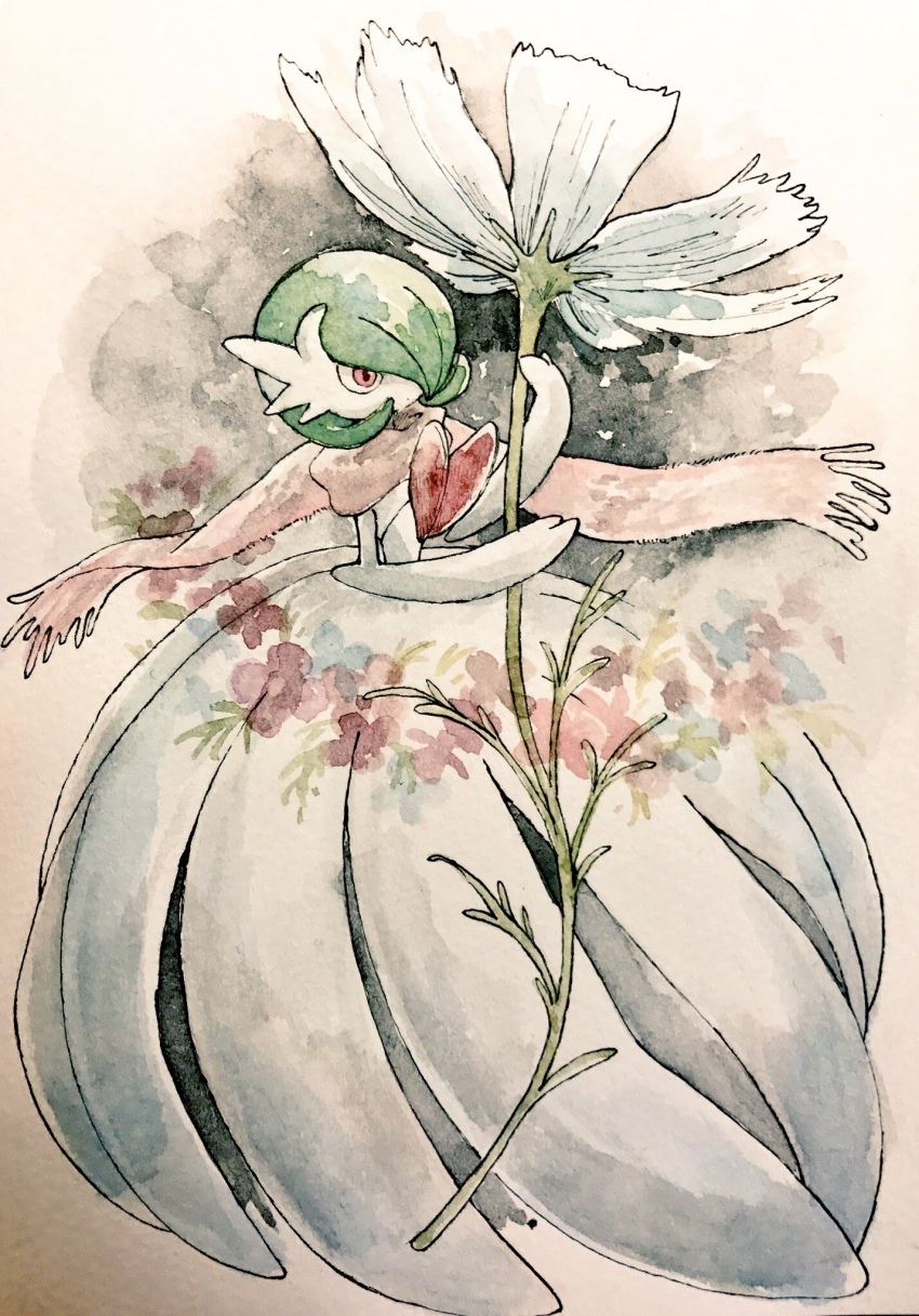 bob_cut, colored_skin, dress, flower, gardevoir, gen_3_pokemon, green_hair, highres