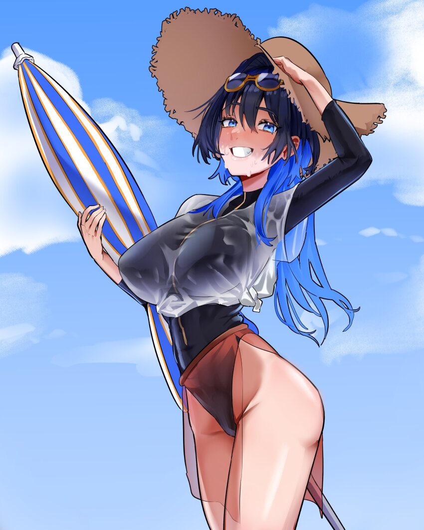 1girl, absurdres, alternate_costume, ass, beach, beach_umbrella, black_hair, blue_eyes