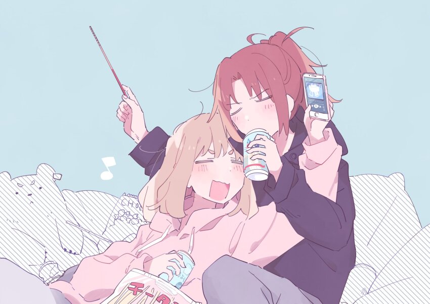 2girls, black_hoodie, blonde_hair, blue_background, blush, brown_hair, can, cellphone