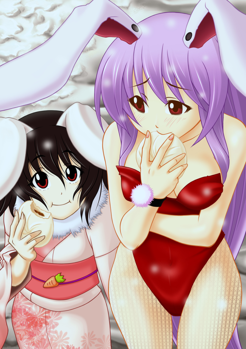 2girls, absurdres, alternate_costume, animal_ears, brown_hair, female_focus, fishnet_pantyhose, fishnets, food, highres, hissa, inaba_tewi, japanese_clothes, kimono, long_hair, multiple_girls, pantyhose, playboy_bunny, purple_hair, rabbit_ears, red_eyes, reisen_udongein_inaba, short_hair, steamed_bun, touhou, yoshihisa_(yoshihisa0111)