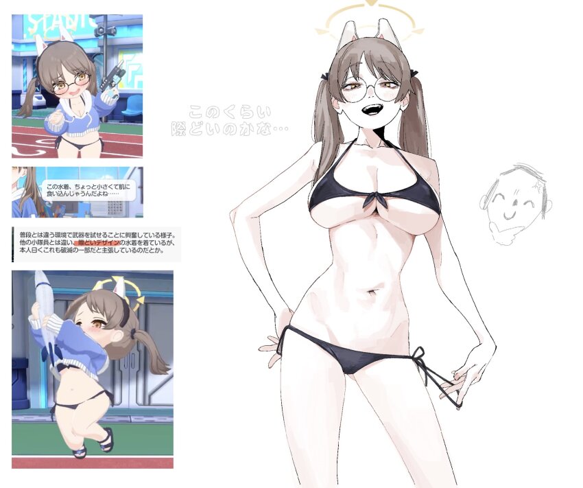 1boy, 1girl, ^_^, anger_vein, animal_ears, bikini, black_bikini, black_ribbon