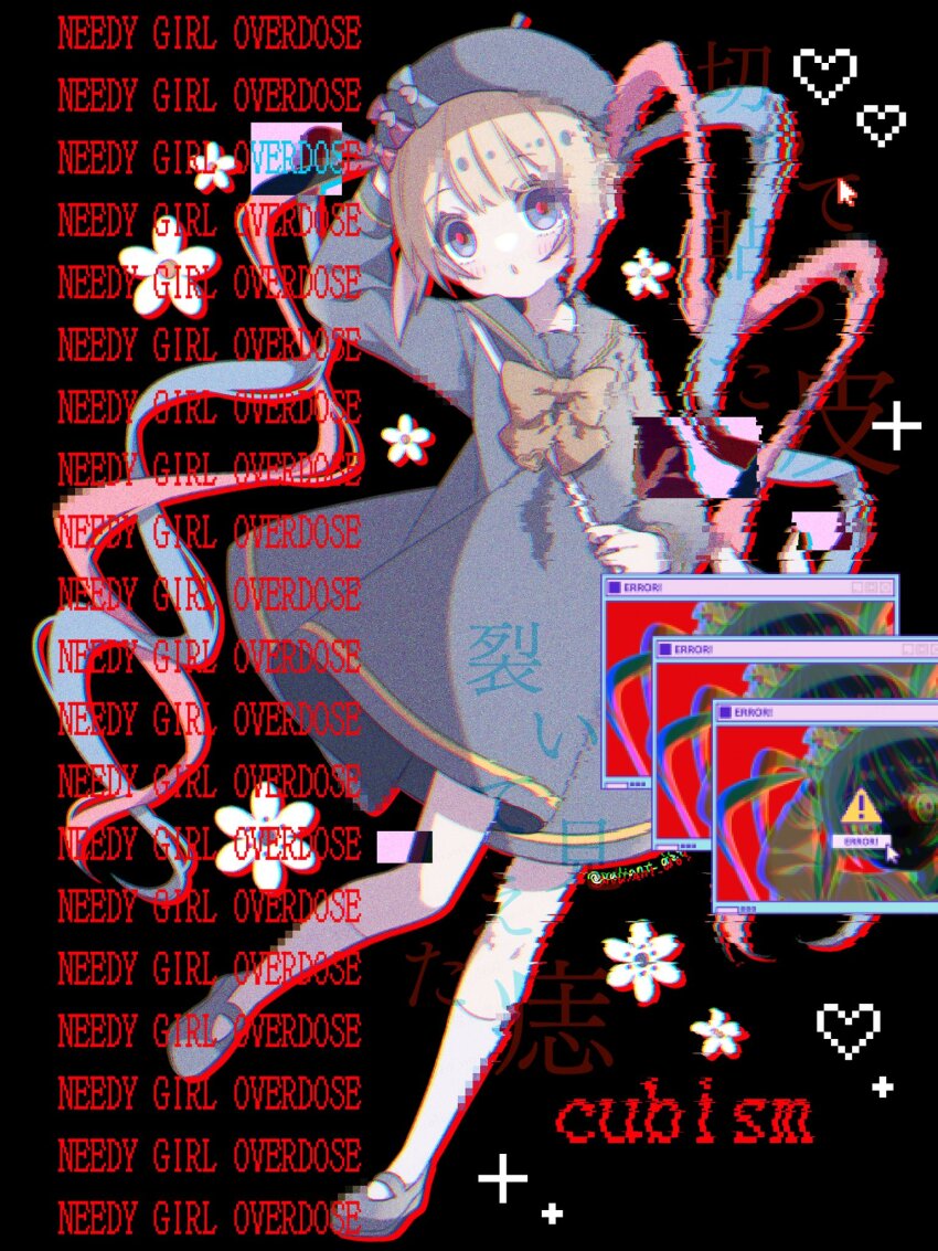 1girl, :o, beret, black_background, blonde_hair, blue_bow, blue_dress, blue_eyes