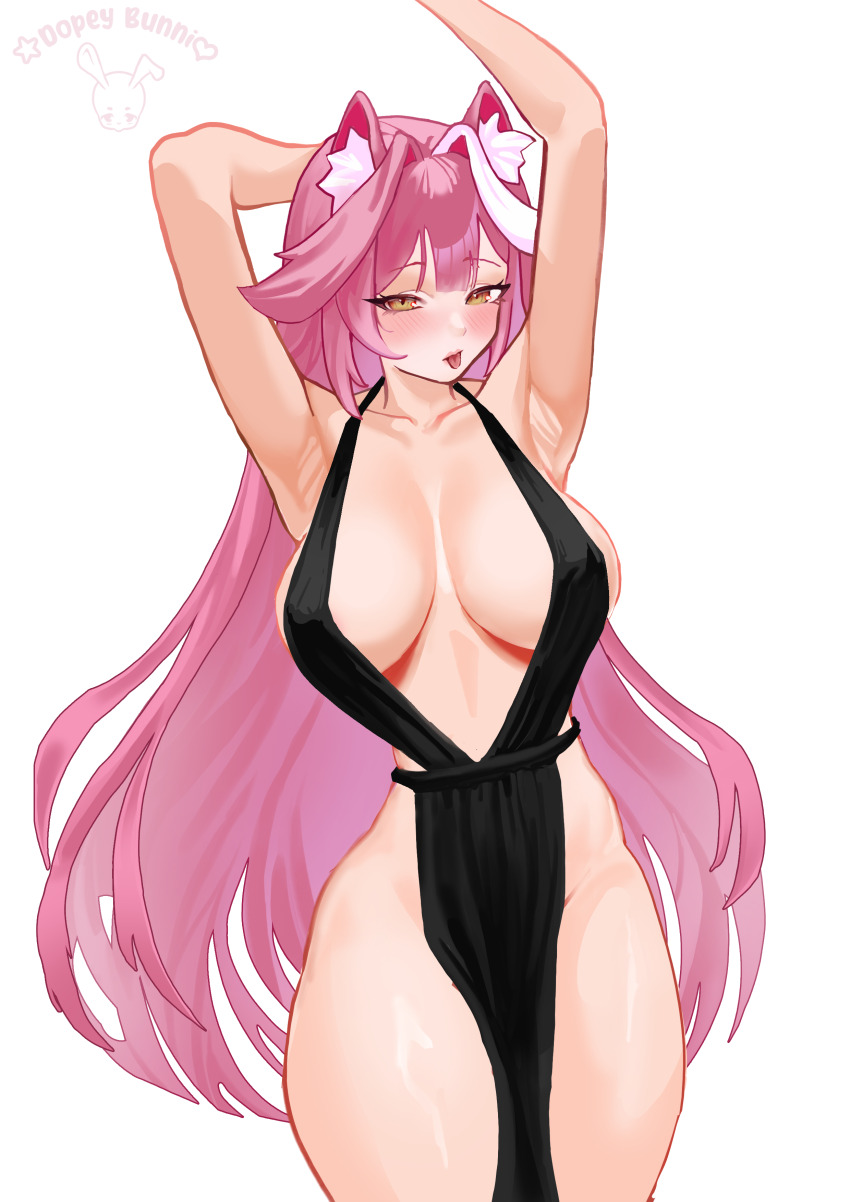1girl, absurdres, animal_ear_fluff, animal_ears, arm_behind_head, armpits, arms_up, artist_logo
