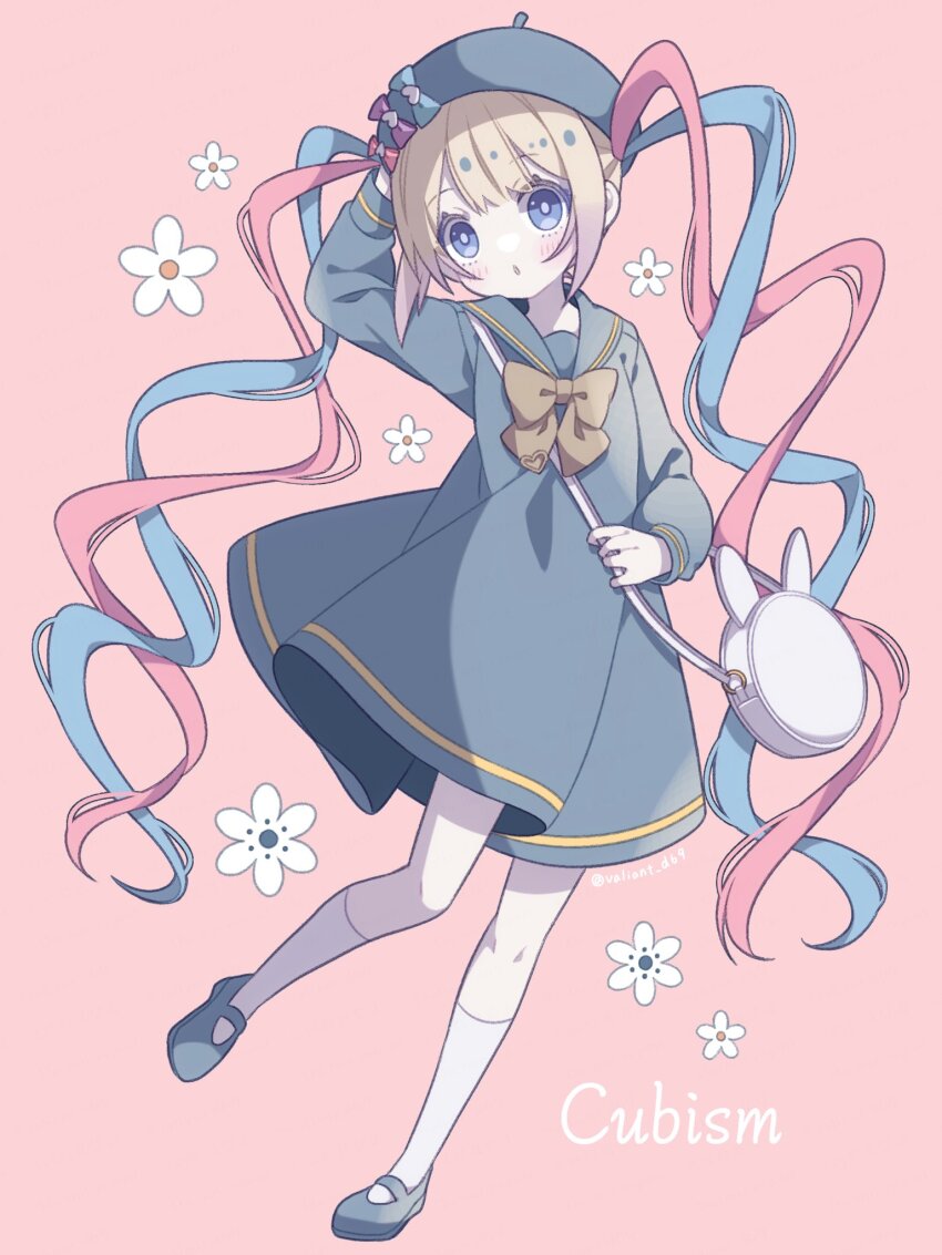 1girl, :o, beret, blonde_hair, blue_bow, blue_dress, blue_eyes, blue_hair