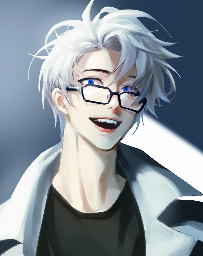 1boy, absurdres, black_shirt, blue_background, blue_eyes, fangs, gi_um, glasses