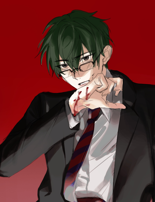 1boy, black_eyes, black_jacket, blood, blood_on_hands, collared_shirt, diagonal-striped_clothes, diagonal-striped_necktie