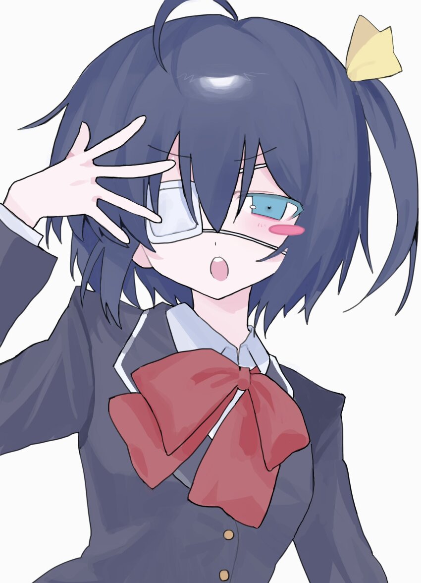 1girl, ahoge, blue_eyes, blue_hair, blush, blush_stickers, bow, chuunibyou_demo_koi_ga_shitai!