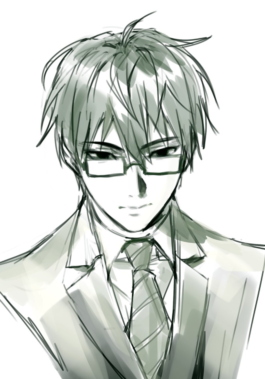1boy, closed_mouth, collared_shirt, diagonal-striped_clothes, diagonal-striped_necktie, gi_um, glasses, green_theme