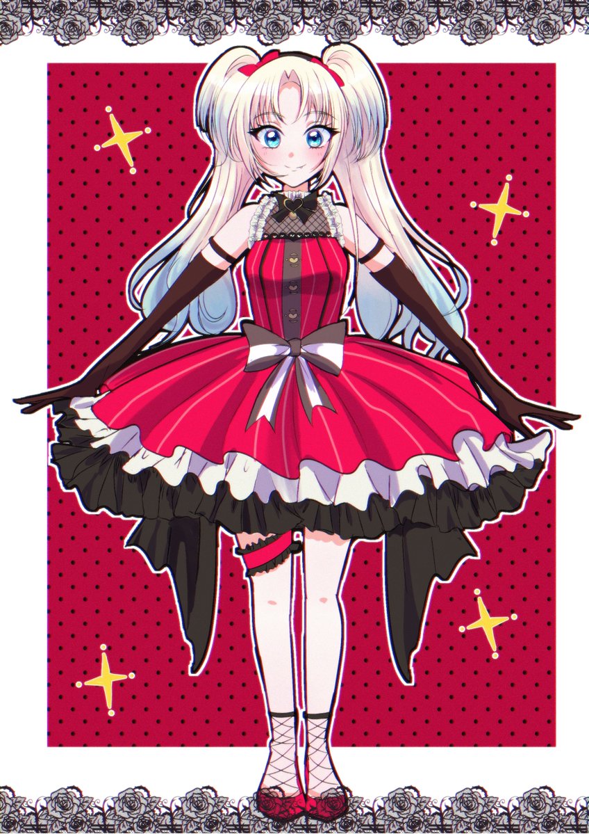 1girl, arm_garter, black_bow, black_bowtie, black_gloves, black_hairband, blonde_hair, blue_eyes, blue_hair, border, bow, bowtie, breasts, closed_mouth, commentary_request, dress, elbow_gloves, fang, fang_out, frilled_dress, frilled_thigh_strap, frills, full_body, gloves, gradient_hair, hairband, heart, light_blue_hair, link!_like!_love_live!, long_hair, love_live!, medium_breasts, medium_dress, miracreation, multicolored_hair, official_alternate_costume, osawa_rurino, outside_border, parted_bangs, polka_dot, polka_dot_background, red_background, red_dress, red_ribbon, red_shoes, ribbon, rindaypdx, shoes, sleeveless, sleeveless_dress, smile, solo, sparkle, split_mouth, standing, thigh_strap, twintails, virtual_youtuber, white_border