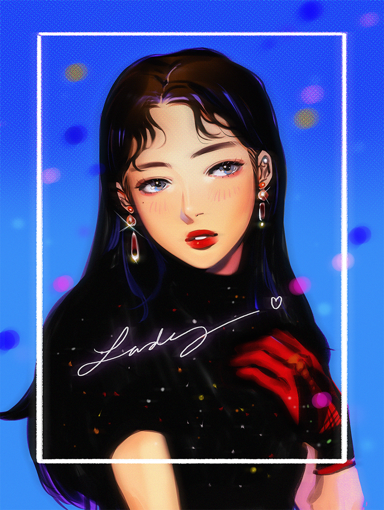 1girl, black_gloves, black_hair, black_shirt, blue_background, blush, commentary, earrings, eyeliner, glint, gloves, jewelry, k-pop, kim_yubin, long_hair, makeup, ngop, parted_lips, real_life, red_gloves, red_lips, shirt, short_sleeves, solo, upper_body