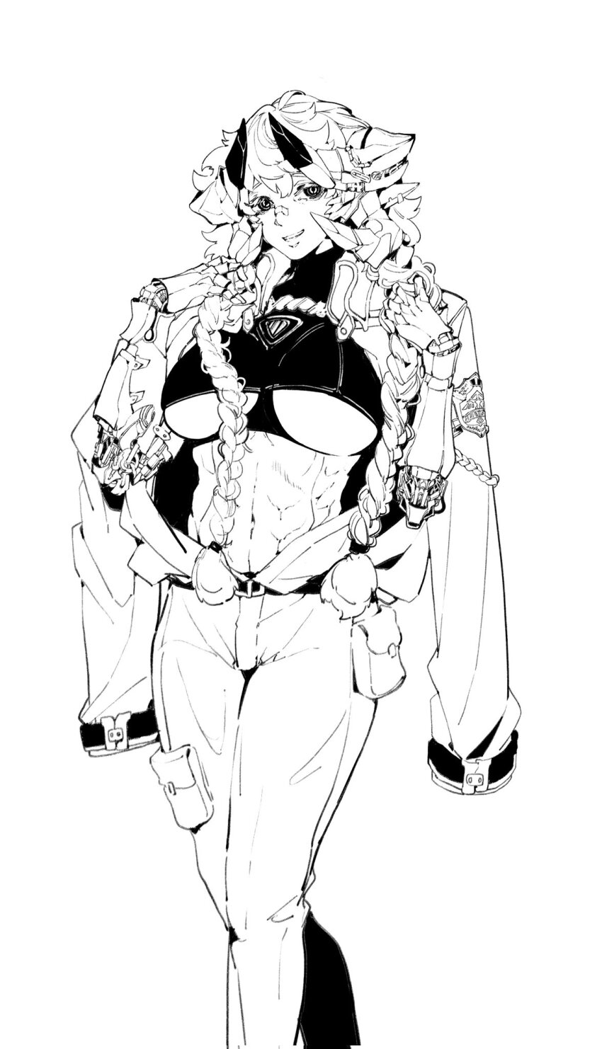 1girl, abs, aiguillette, badge, bandaid, bandaid_on_face, bandaid_on_nose, belt, braid, breasts, clothing_cutout, collared_jacket, crop_top, feet_out_of_frame, greyscale, hair_between_eyes, hair_tie, hands_up, highres, horns, jacket, jacket_on_shoulders, jacket_tucked_in, jewelry, large_breasts, long_hair, looking_at_viewer, matata1203, mechanical_arms, mechabare, midriff, monochrome, muscular, muscular_female, navel, obliques, open_clothes, open_jacket, original, pants, pouch, simple_background, smile, solo, turtleneck, twin_braids, underboob, underboob_cutout, walking, white_background