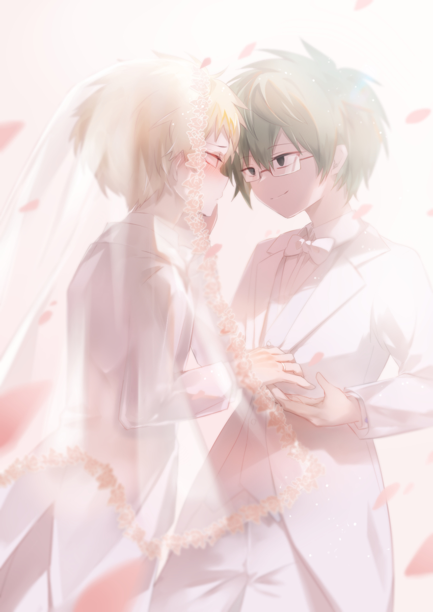2boys, atou_haruki, black_eyes, blonde_hair, blush, bow, bowtie, bridal_veil