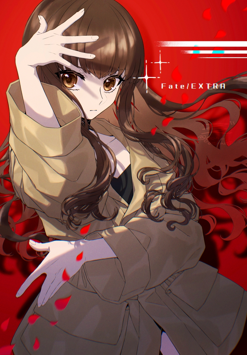 1girl, absurdres, brown_eyes, brown_hair, brown_jacket, closed_mouth, commentary_request, copyright_name