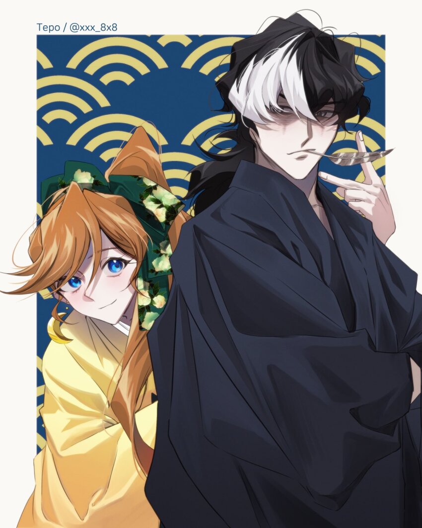 1boy, 1girl, ace_attorney, alternate_costume, artist_name, athena_cykes, black_hair, black_kimono