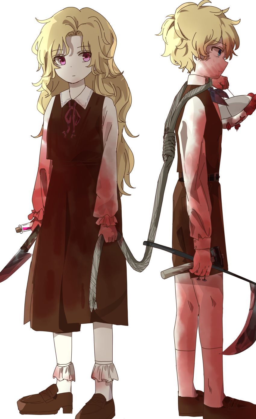 1girl, absurdres, belt, black_belt, blonde_hair, blood, bloody_knife, blue_eyes