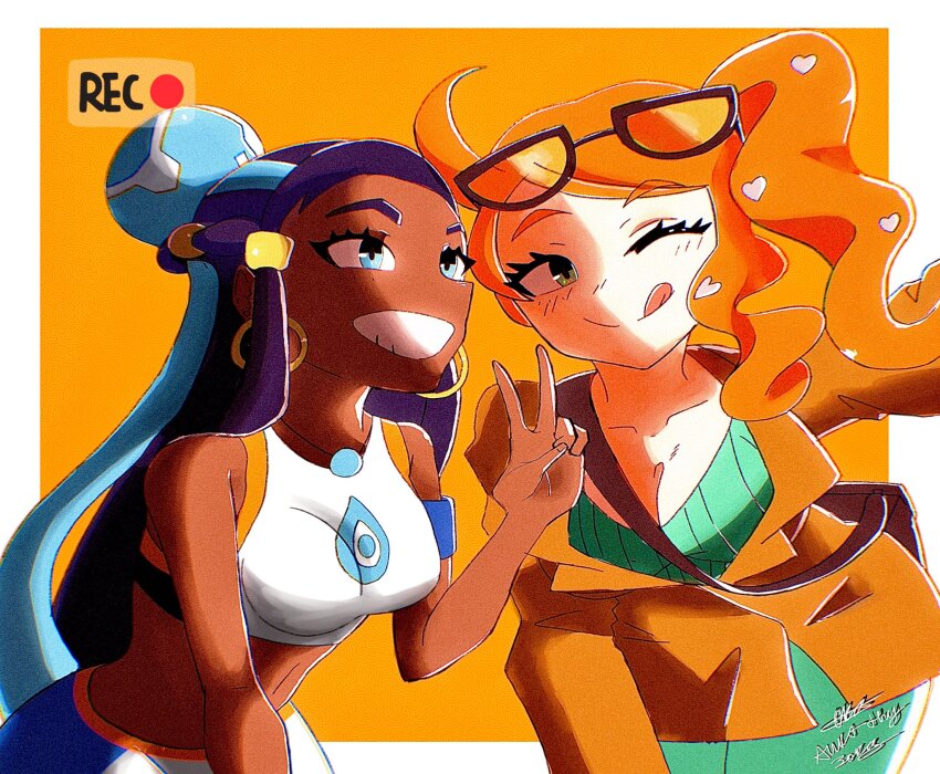 2girls, aqua_eyes, aqua_shirt, aurax118, bent_over, between_breasts, black_hair, blue_eyeshadow, blue_hair, breasts, brown_coat, cleavage, coat, collarbone, crop_top, dark-skinned_female, dark_skin, earrings, eyeshadow, eyewear_on_head, hair_bun, hair_ornament, heart, heart_hair_ornament, highres, hoop_earrings, jewelry, long_hair, makeup, medium_breasts, midriff, multicolored_hair, multiple_girls, necklace, nessa_(pokemon), nintendo, orange-tinted_eyewear, orange_hair, pokemon, pokemon_sword_and_shield, ribbed_shirt, shirt, side_ponytail, single_hair_bun, smile, sonia_(pokemon), strap_between_breasts, streaked_hair, sunglasses, tinted_eyewear, tongue, tongue_out, two-tone_hair, upper_body, v-neck