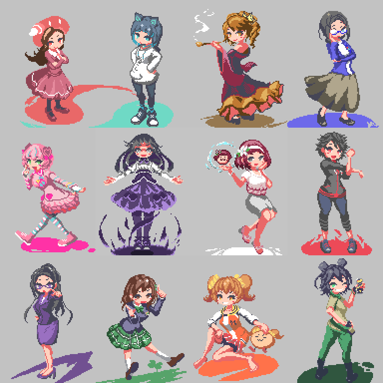 6+girls, :d, adjusting_eyewear, akaba_yukino, animal_ears, arched_bangs, arisugawa_reika, arm_on_knee