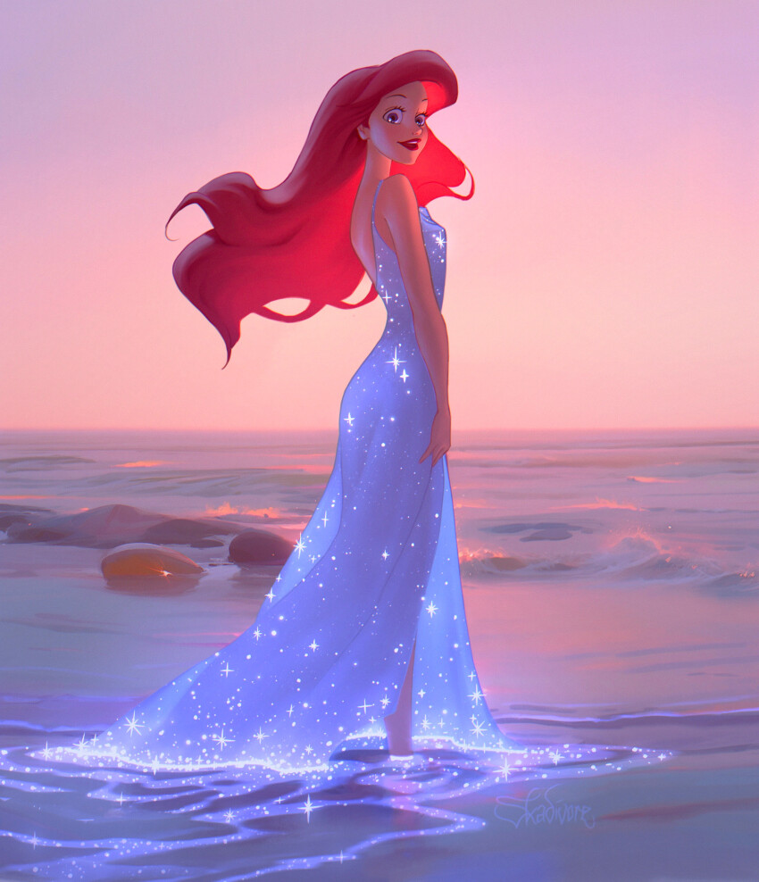 1girl, ariel_(disney), blue_dress, dress, glowing_dress, highres, long_dress, long_hair, looking_at_viewer, looking_back, open_mouth, outdoors, print_dress, red_hair, red_lips, skadivore, solo, sparkling_dress, standing, star_(symbol), star_print, sunset, the_little_mermaid_(disney), water