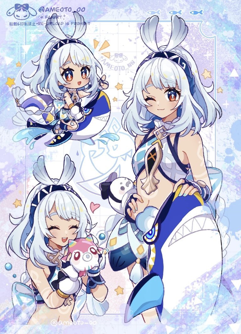 1girl, :d, ameoto_00, bare_shoulders, black_gloves, black_hairband, blue_hair, blue_shirt, blush, body_markings, chibi, closed_mouth, crop_top, dot_nose, fingerless_gloves, fish, fish-shaped_pupils, genshin_impact, gloves, hairband, hand_on_own_hip, heart, inset_border, looking_at_viewer, mualani_(genshin_impact), multiple_views, navel, notice_lines, one_eye_closed, open_mouth, red_eyes, shirt, smile, stomach, tan, twitter_username, watermark