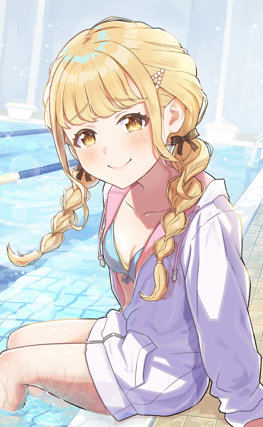 1girl, absurdres, aqua_bikini, bare_legs, bikini, blonde_hair, blush, braid