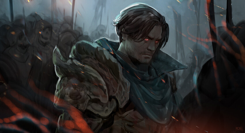 1boy, amandine_girard, armor, beard_stubble, black_hair, colored_sclera, commentary, embers