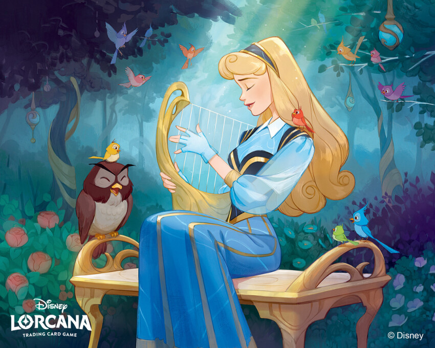 1girl, \||/, amandine_girard, aurora_(disney), bench, bird, blue_dress, blue_gloves