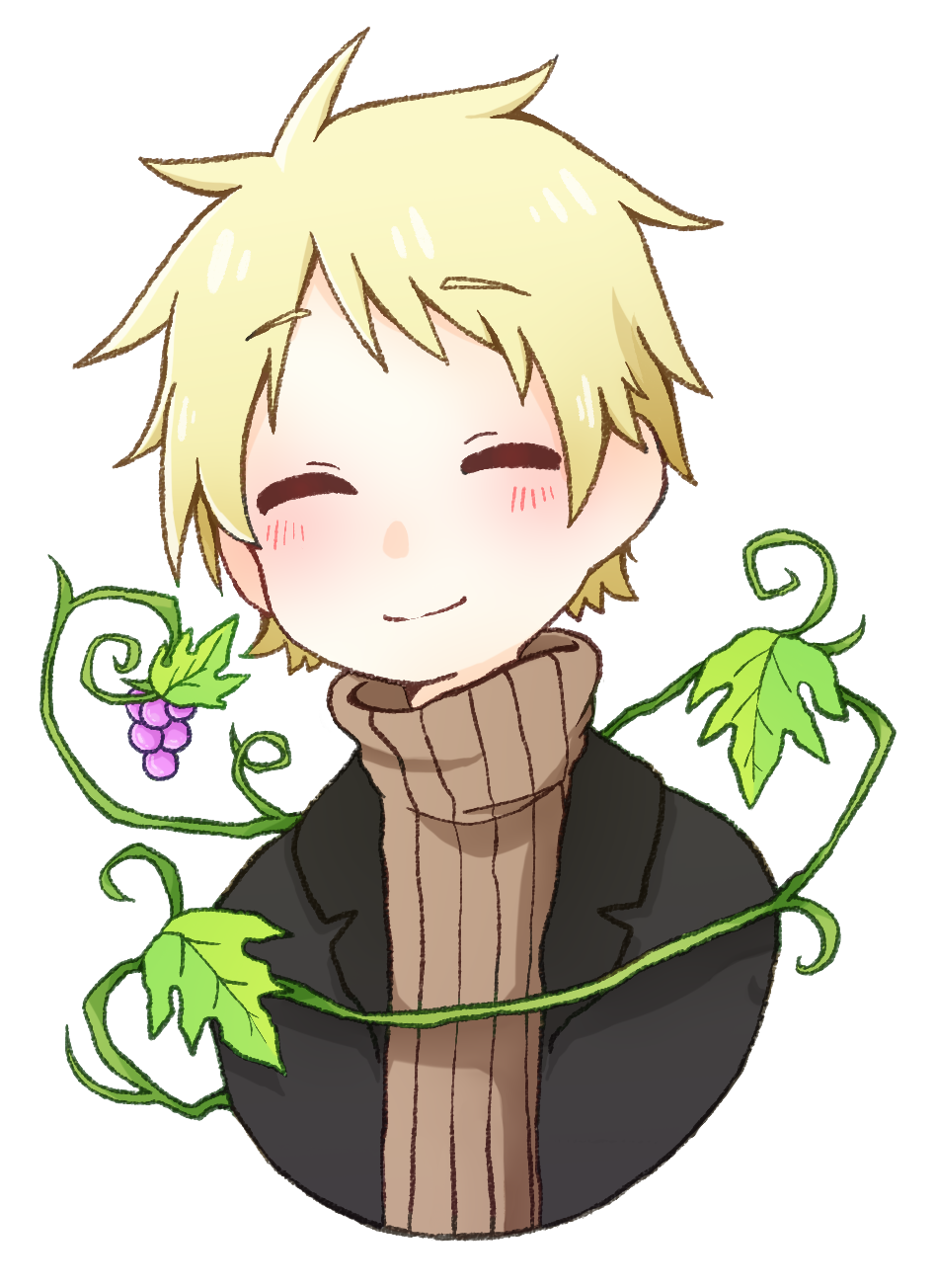 1boy, atou_haruki, black_jacket, blonde_hair, brown_sweater, chihare_(chihare_780), chinese_commentary, closed_eyes, closed_mouth, commentary_request, facing_viewer, food, fruit, grape_vine, grapes, highres, jacket, male_focus, open_clothes, open_jacket, plant, portrait, ribbed_sweater, saibou_shinkyoku, short_hair, simple_background, smile, solo, sweater, transparent_background, turtleneck, turtleneck_sweater, vines