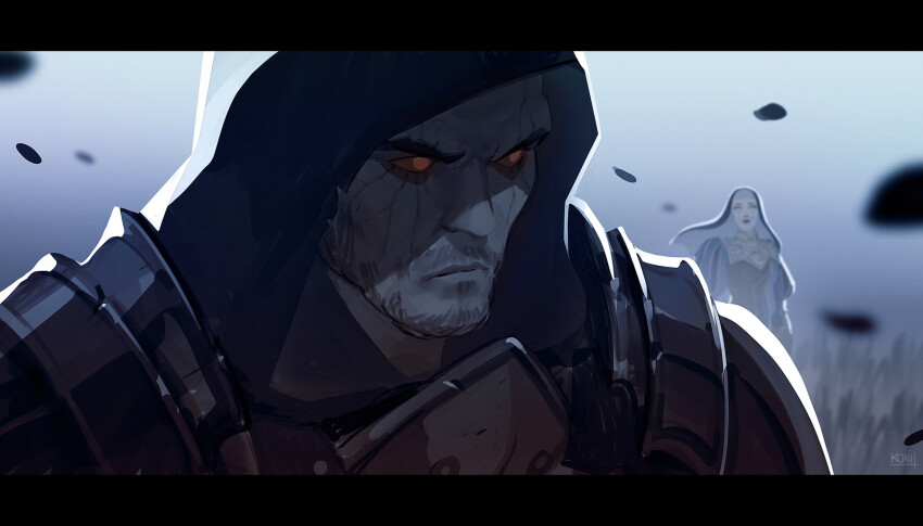 1boy, 1girl, amandine_girard, armor, beard, black_dress, colored_sclera, commentary