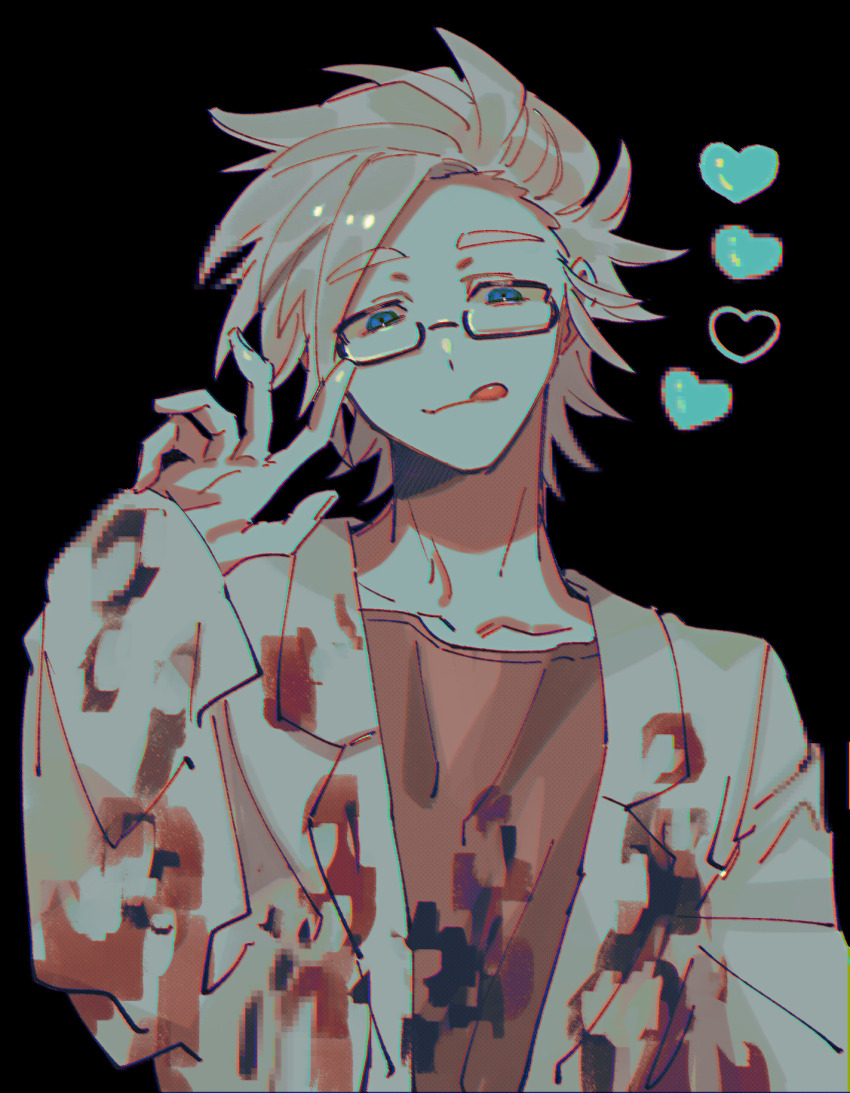 1boy, blood, blood_on_clothes, blue_eyes, closed_mouth, commentary_request, dayu_(4kumauo), glasses