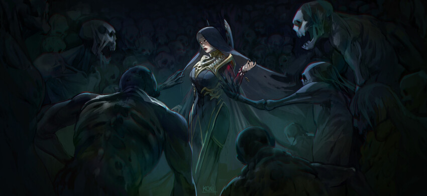 1girl, 6+others, amandine_girard, artist_name, black_dress, black_lips, black_nails, bracelet