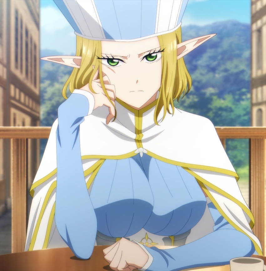 1girl, anime_screenshot, blonde_hair, blue_dress, breasts, cape, dress, elf, green_eyes, hat, head_rest, highres, isekai_shikkaku, large_breasts, long_sleeves, looking_at_viewer, pointy_ears, sidelocks, stitched, table, third-party_edit, white_cape, ysha_(isekai_shikkaku)