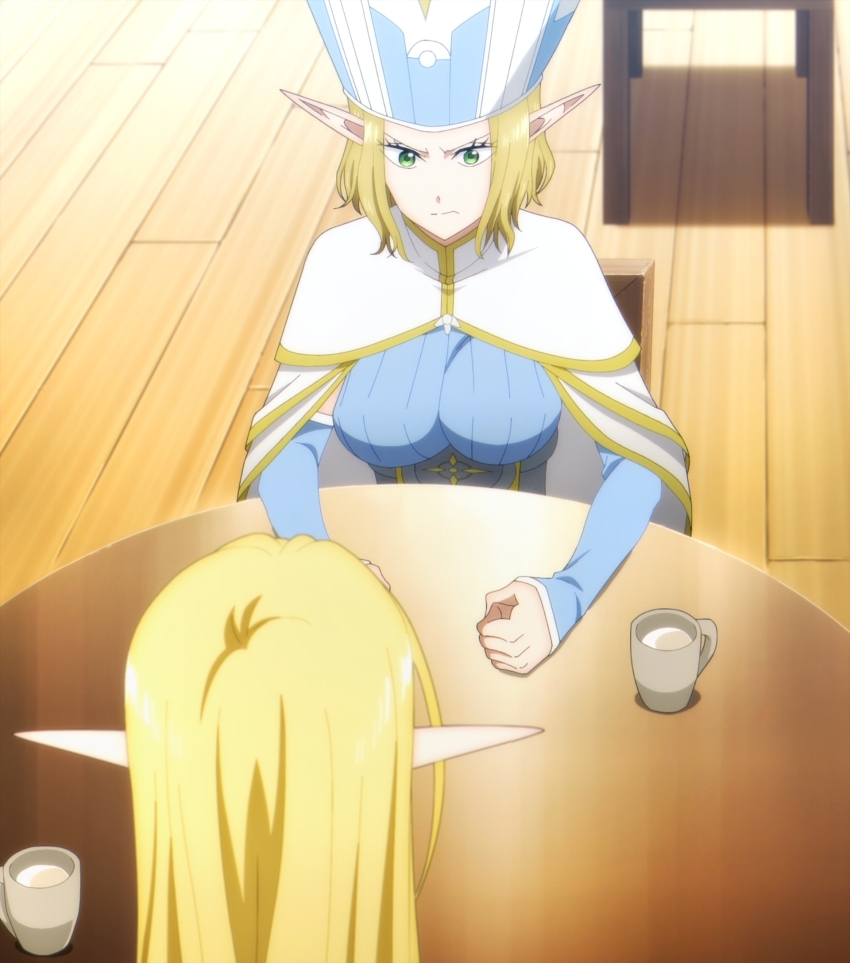 2girls, anime_screenshot, annette_(isekai_shikkaku), blonde_hair, blue_dress, breasts, cape, dress