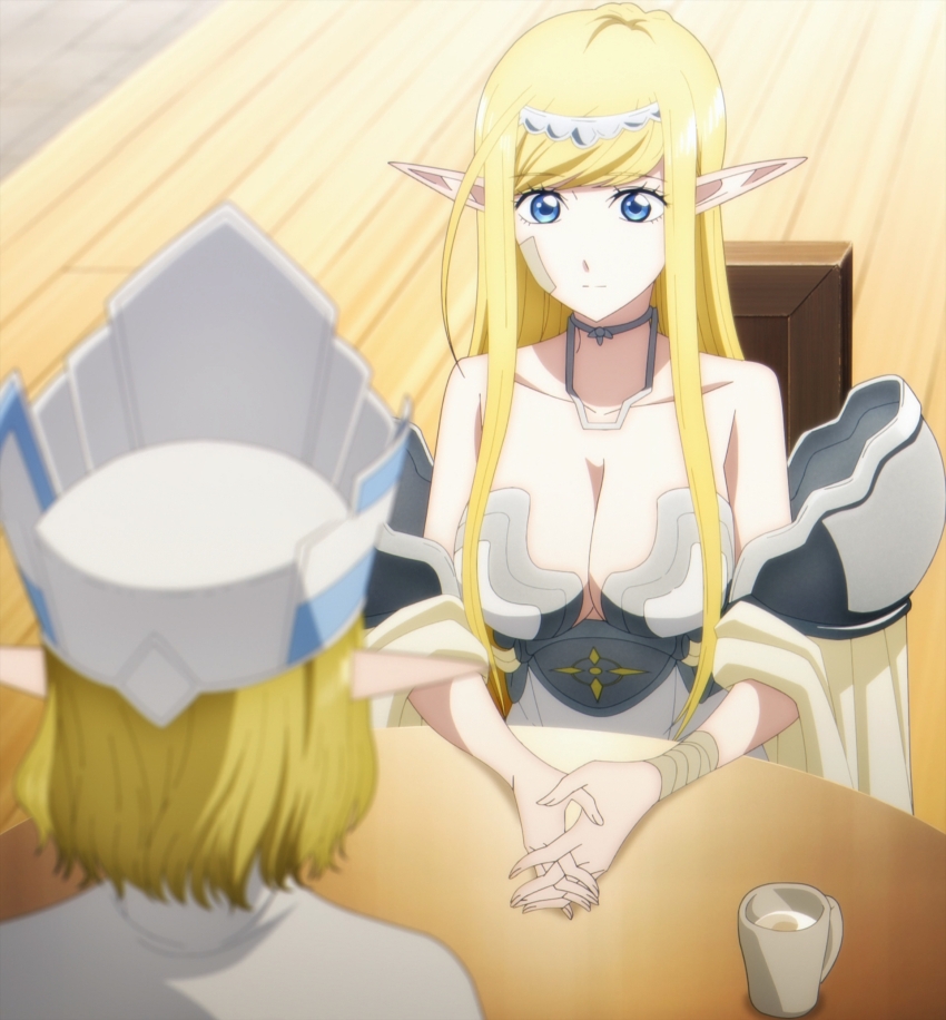 2girls, anime_screenshot, annette_(isekai_shikkaku), bandaged_arm, bandages, bandaid, bandaid_on_face, bare_shoulders