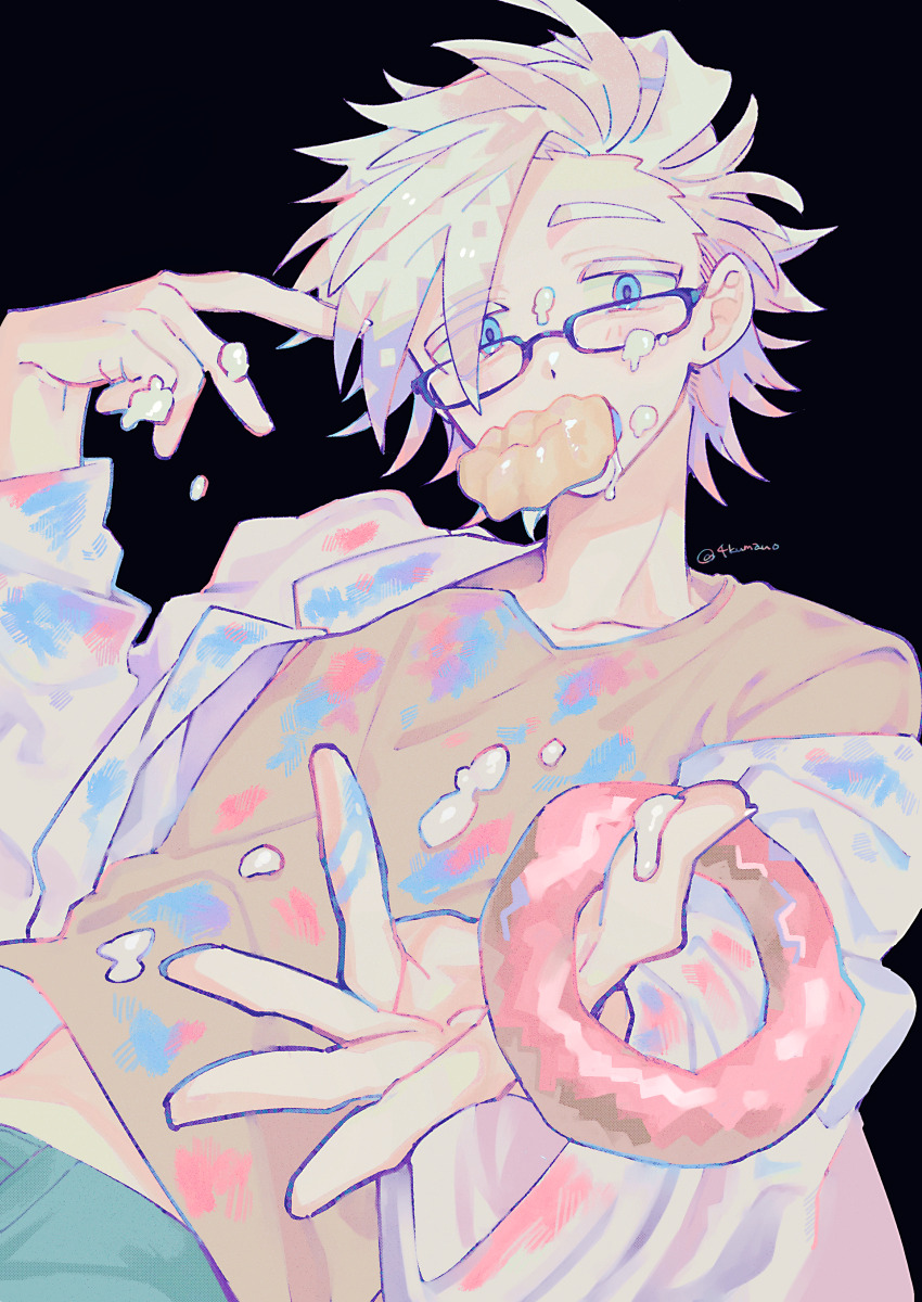 1boy, absurdres, black_background, blue_eyes, brown_shirt, colored_eyelashes, commentary, cowboy_shot