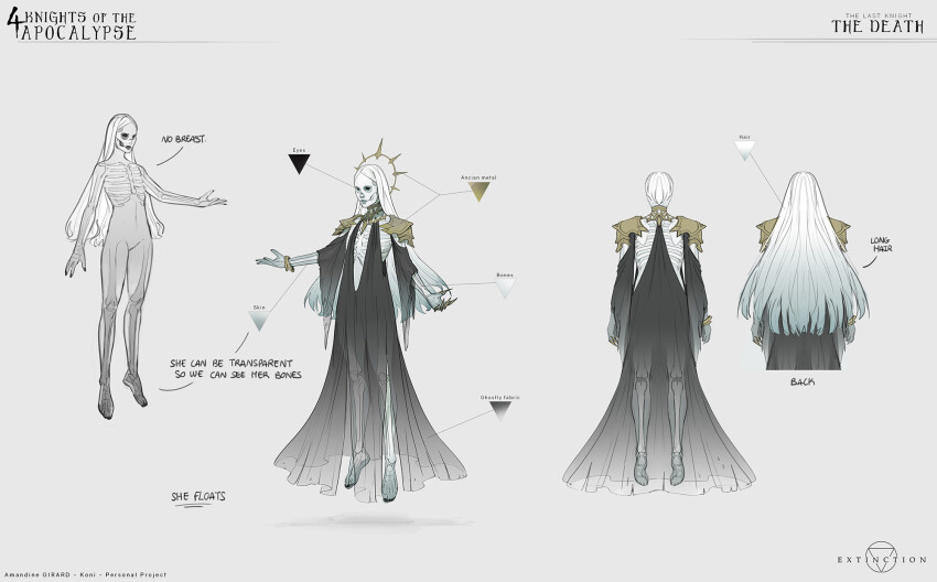 1girl, amandine_girard, armor, artist_name, black_dress, bracelet, reference_sheet, claws, commentary, completely_nude, dress, english_commentary, english_text, flat_chest, floating, highres, hollow_eyes, jewelry, long_hair, no_nipples, no_pussy, nude, original, plunging_neckline, ribs, see-through_clothes, see-through_body, see-through_dress, shoulder_armor, white_hair