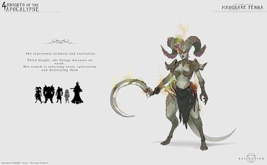 1girl, amandine_girard, armor, breasts, broken_horn, centaur, claws, cleavage, colored_sclera, colored_skin, commentary, curled_horns, english_commentary, english_text, full_body, goat_legs, grey_skin, highres, holding, holding_sickle, horns, monster_girl, mushroom, original, red_eyes, red_sclera, satyr, shoulder_armor, sickle, tail, taur