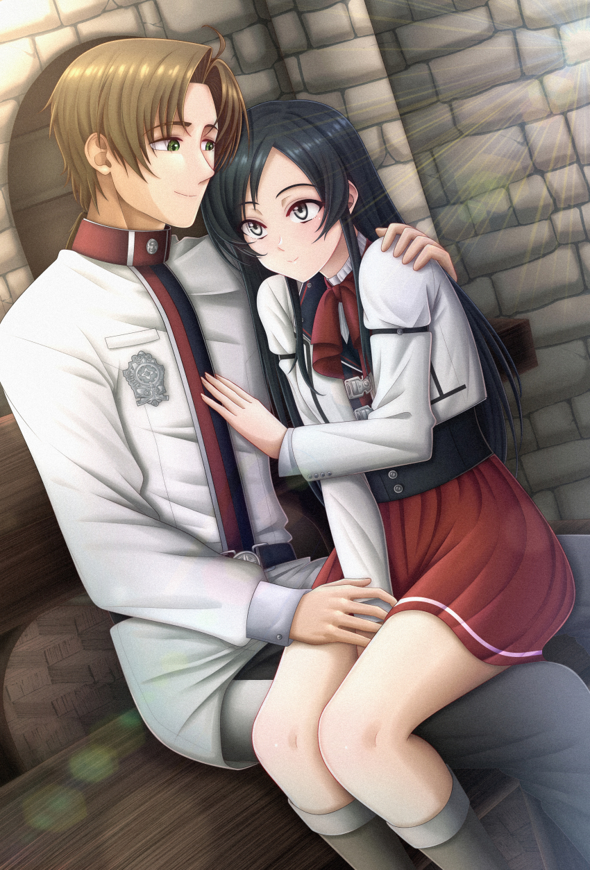 1boy, 1girl, absurdres, black_eyes, black_hair, black_socks, brick_wall, brown_hair