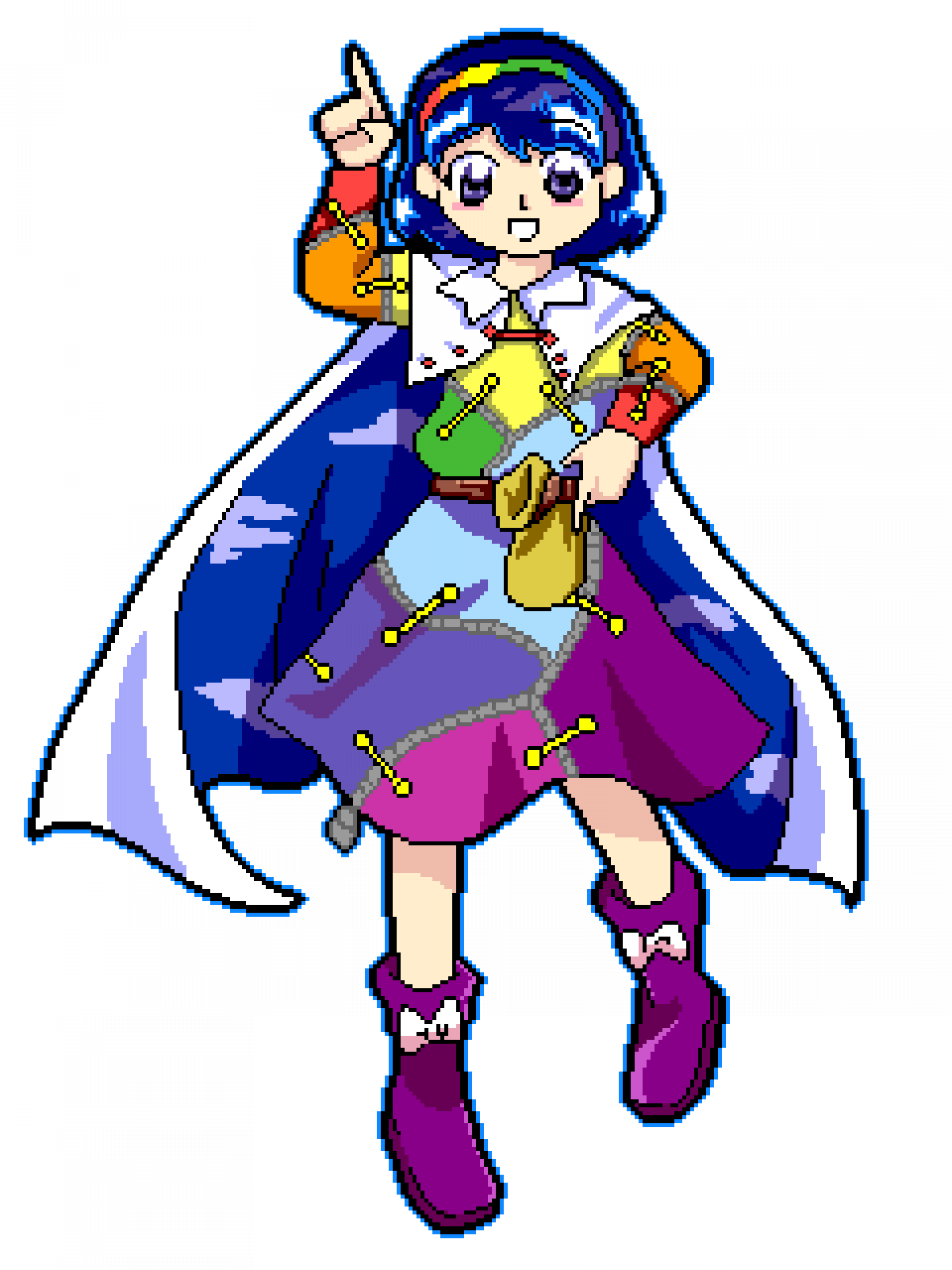 1girl, bad_id, bad_twitter_id, belt, blue_cape, blue_hair, blue_outline, blush_stickers
