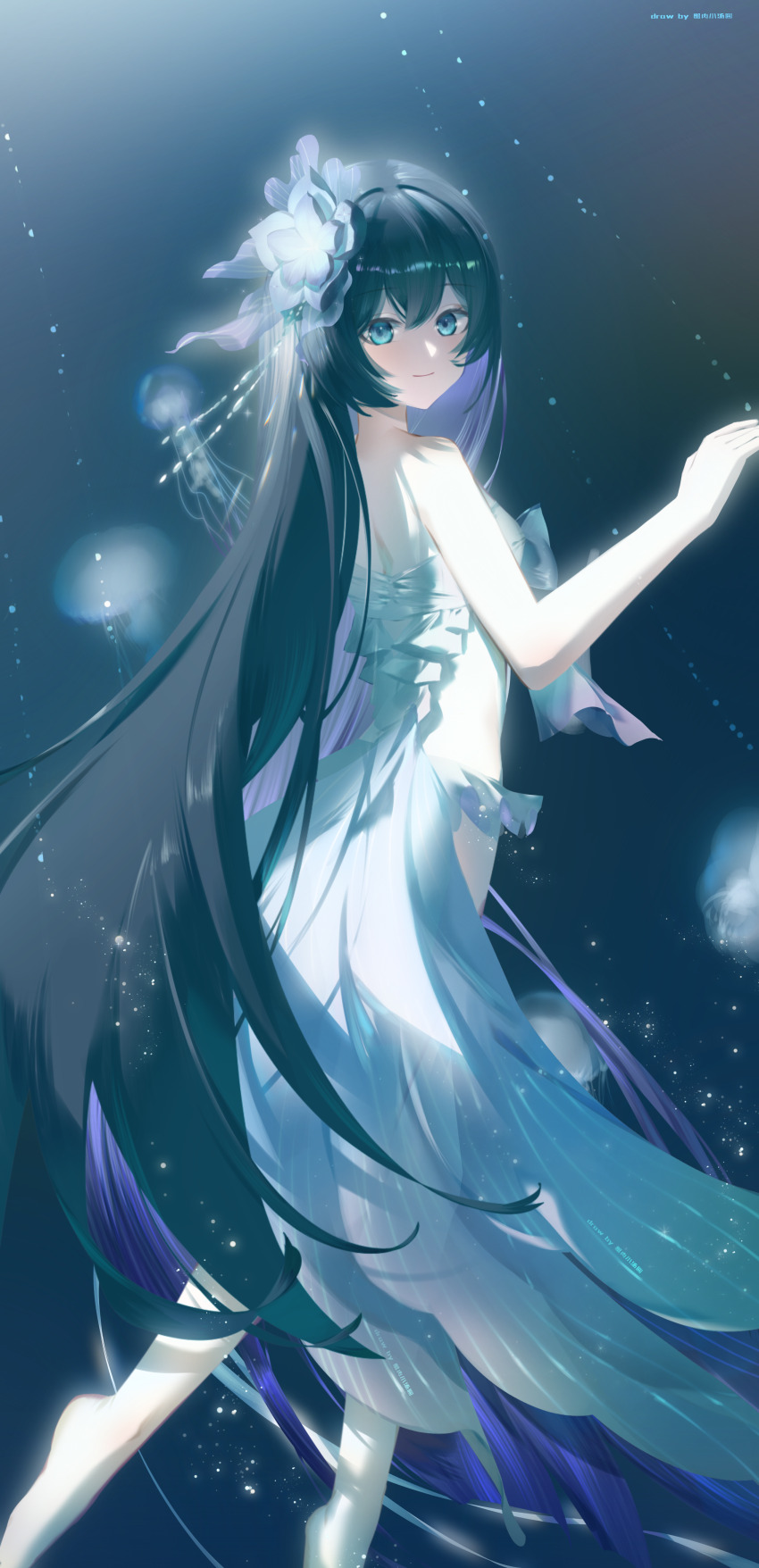 1girl, absurdres, artist_name, bare_shoulders, bikini, black_hair, blue_bikini, blue_eyes