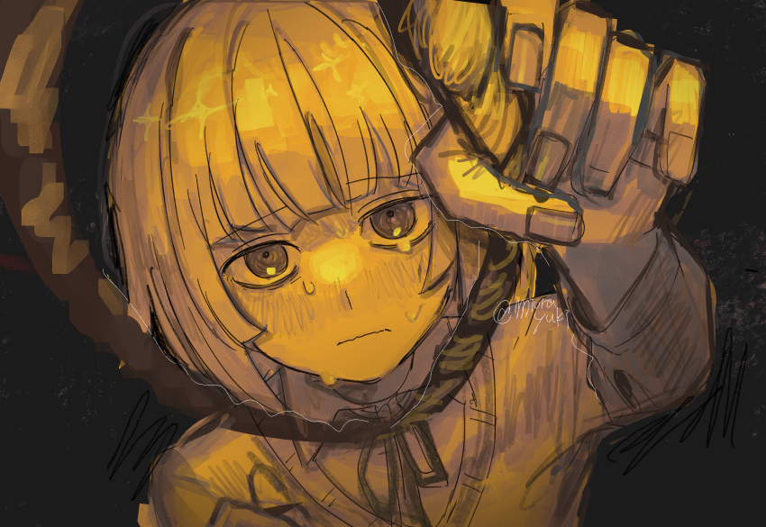 1girl, arm_up, blunt_bangs, blunt_ends, closed_mouth, collared_shirt, commentary_request, fingernails