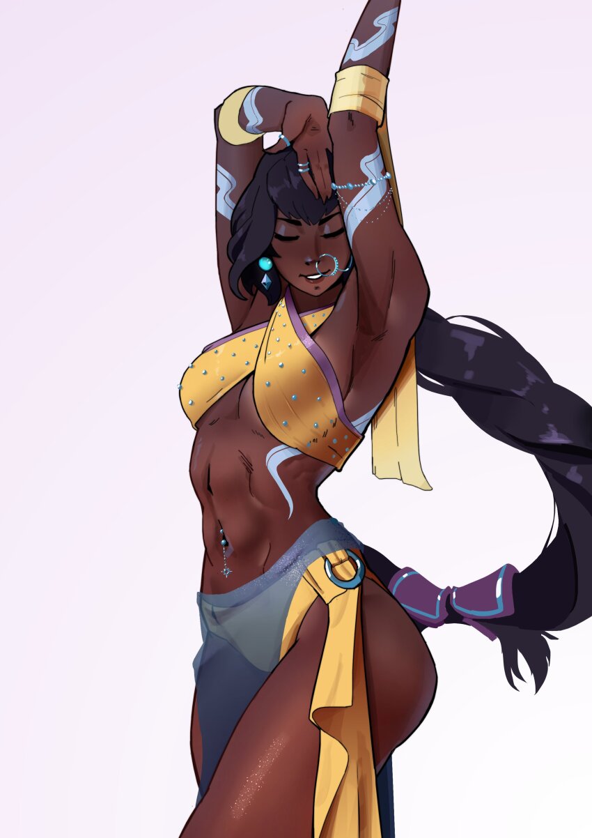 absurdres, arm_tattoo, dark-skinned_female, dark_skin, face_piercing, highres, league_of_legends, long_hair, multiple_piercings, navel_piercing, nilah_(league_of_legends), nose_piercing, nose_ring, piercing, repulsivemaid, ring_piercing, simple_background, tattoo, very_long_hair