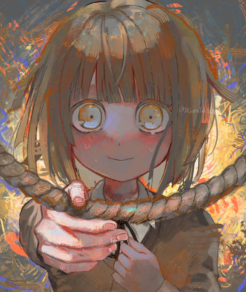 1girl, black_ribbon, blunt_bangs, blunt_ends, blush, brown_sweater, closed_mouth, collared_shirt