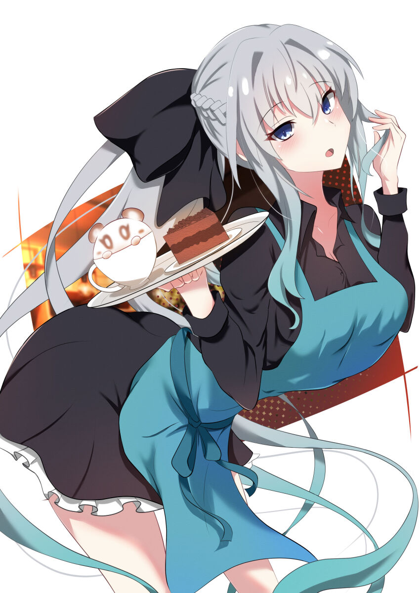 1girl, :o, absurdres, apron, ass, black_dress, blue_apron, blue_eyes