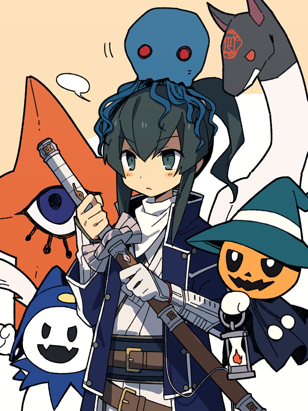 1boy, belt, black_hair, blank_speech_bubble, blue_coat, blue_eyes, coat, commentary_request