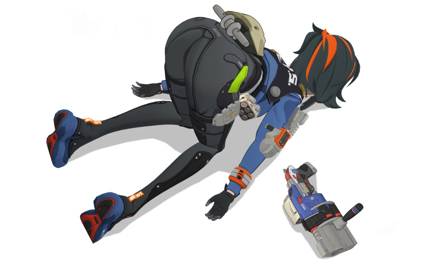 1girl, ass, black_gloves, black_hair, black_pants, blue_jacket, blue_shoes, colored_shoe_soles