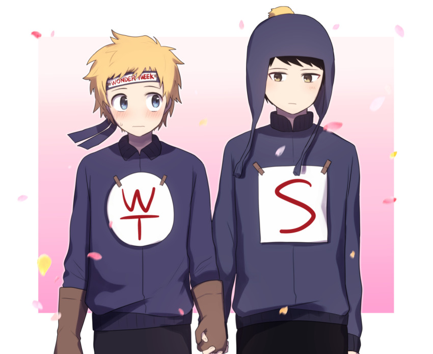 2boys, animification, black_hair, blonde_hair, blue_eyes, blush, chullo, craig_tucker, falling_petals, gloves, headband, holding_hands, jacket, long_sleeves, looking_at_another, looking_to_the_side, multiple_boys, paper, petals, south_park, south_park:_the_fractured_but_whole, super_craig, tohachi, tweek_tweak, wonder_tweek, yaoi, yellow_eyes