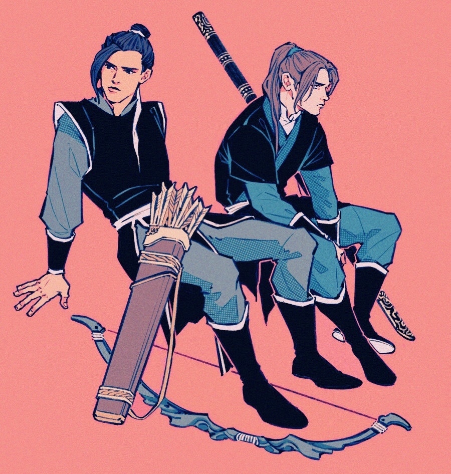 2boys, arrow_(projectile), black_eyes, black_footwear, black_hair, black_tunic, boots, bow_(weapon), brown_hair, chinese_clothes, closed_mouth, commentary, english_commentary, feng_xin, fiona_fu, frown, full_body, green_pants, green_shirt, hair_bun, halftone, high_ponytail, long_hair, long_sleeves, looking_to_the_side, male_focus, mu_qing_(tianguan_cifu), multiple_boys, orange_background, pants, ponytail, quiver, rolling_eyes, shirt, simple_background, single_hair_bun, sitting, sword, tianguan_cifu, tunic, weapon